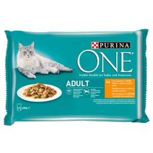 Kiisueine täiskasvanud steriliseeritud kassidele kana ja roheliste hernestega, PURINA ONE, 4x85 g